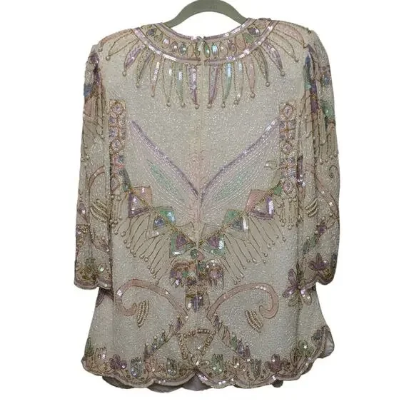 Vintage Beaded Silk Scallop Hem Pastel Sequin Top India Gold Blue Pink Purple M - Picture 6 of 7